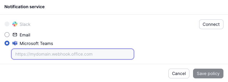 Microsoft Teams alert configured with a webhook url